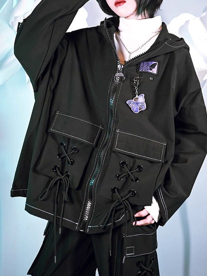 Black Cape 3D Drawstring Gothic Butterfly Pockets Crisscross with Hooded Embroidery Fleece-Lined Jacket