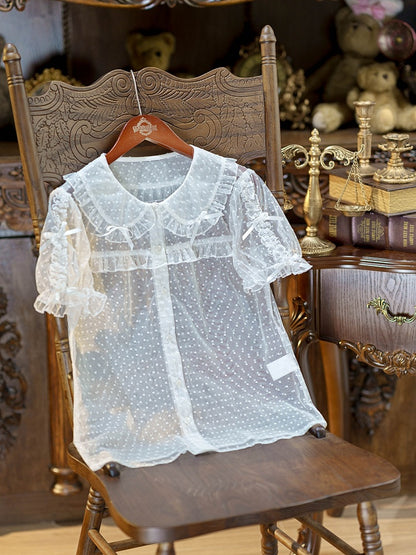 White Peter Pan Collar Polka Dot Sheer Tulle Top - Dream Magic Box