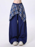 Cuffs Detachable Plaid Pants Drawstring Handkerchief Navy Skirt with Hem Straight-Leg