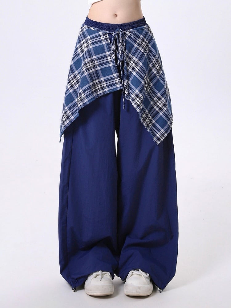 Cuffs Detachable Plaid Pants Drawstring Handkerchief Navy Skirt with Hem Straight-Leg