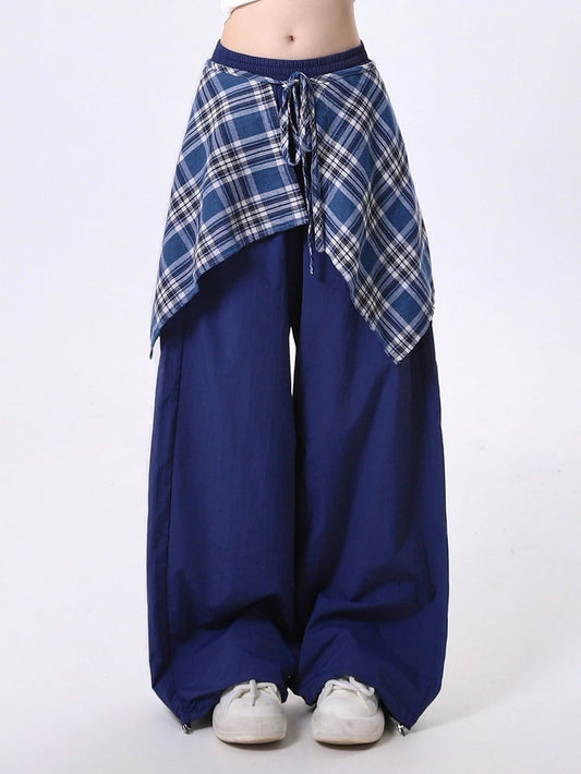 Cuffs Detachable Plaid Pants Drawstring Handkerchief Navy Skirt with Hem Straight-Leg
