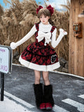 Red with and White Dress Black Winter Brooch Hemline Plaid Bow Plush Lolita Pattern
