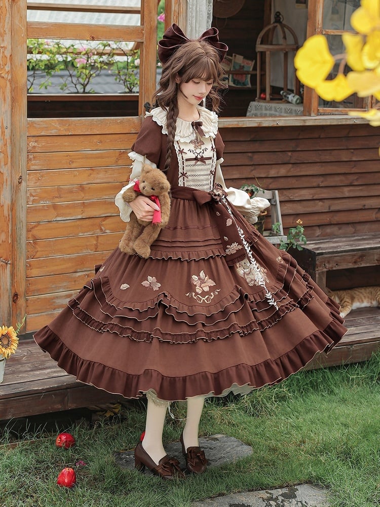 Brown Acorn & Squirrel Embroidered Lolita OP Dress with Peter Pan Collar, Ruffles, Belt, Brooch & Bow Hairclip - With PUJI