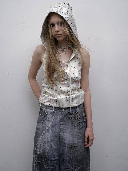 プリントトップ ホワイト スター柄 レースアップ ノースリーブ パーカー ストライプディテール