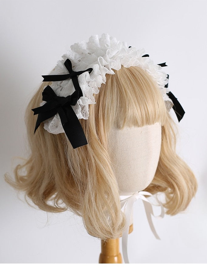 詳細 ヘアバンド ロリータ メイド 蝶結び ブラック ホワイト フリル