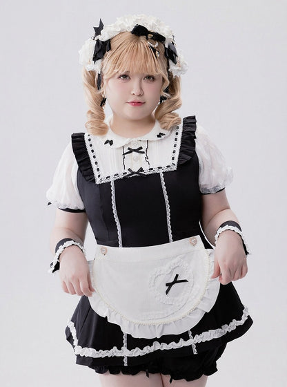Jirai-kei Maid 4-Piece Set: Dress, Wrist Cuffs, Bloomers, Apron - Fluffy Heart