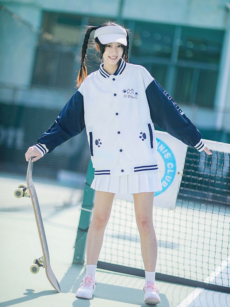 and Doodle with Preppy Cat Jacket White Blue Baseball - Style Paw Print