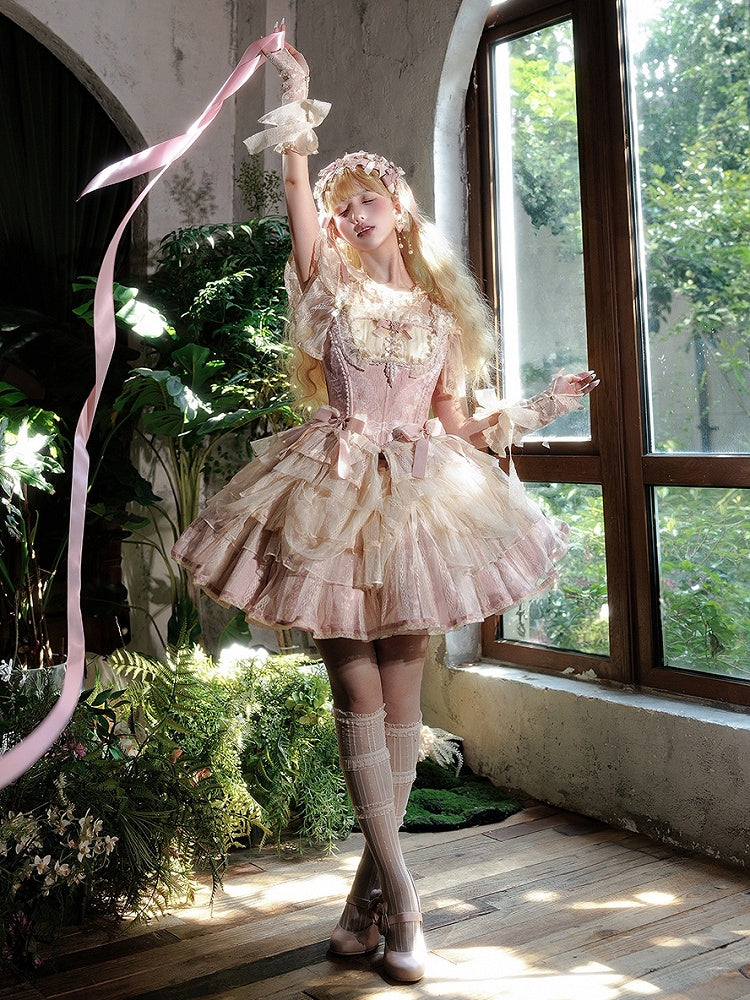 Lolita Balletcore Princess + Pink Floral Corset Top Print Boned Skirt Light