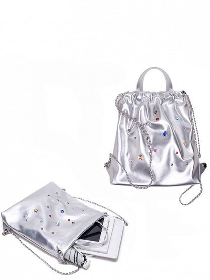 Glamorous Silver Drawstring Backpack With Rhinestone Embellishments