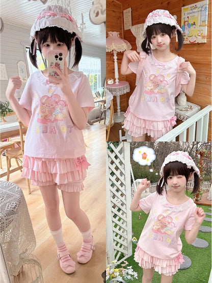 ショートバージョン 愛らしいマウスプリント ホワイト/ピンク レーストリム Tシャツ