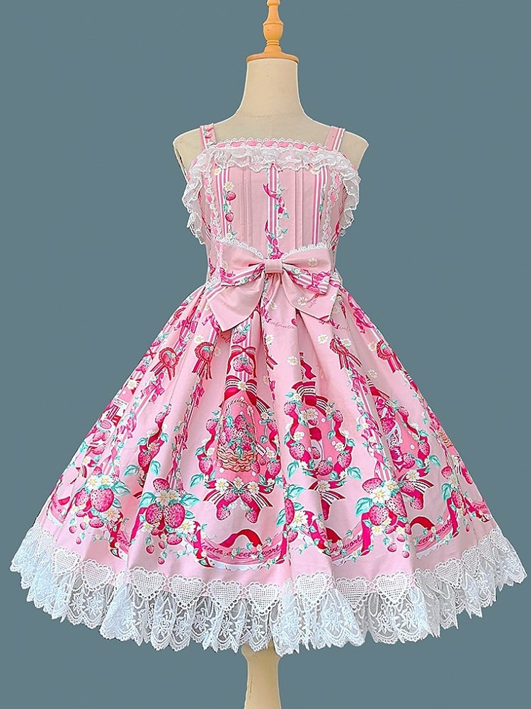 Print Trim Lace shaped Lolita Heart Dress with Sweet Pink JSK Strawberry