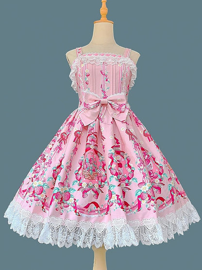 Print Trim Lace shaped Lolita Heart Dress with Sweet Pink JSK Strawberry