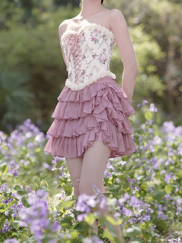 Balletcore-Croset-Oberteil mit Schnürung vorne und hinten und Blumenmuster