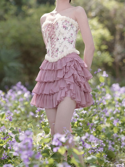 Balletcore-Croset-Oberteil mit Schnürung vorne und hinten und Blumenmuster