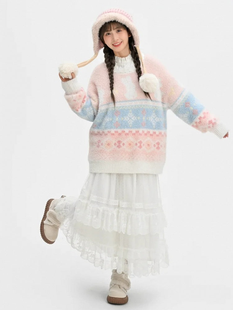 ピンクのかわいいウサギ柄ラウンドネックソフトセーター