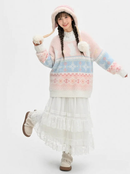 ピンクのかわいいウサギ柄ラウンドネックソフトセーター