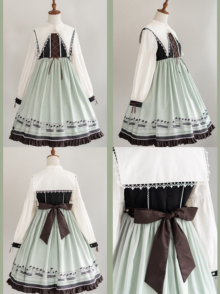 Musical Note Green Autumn Lolita Long Sleeves Dress with Separate Pointed Collar