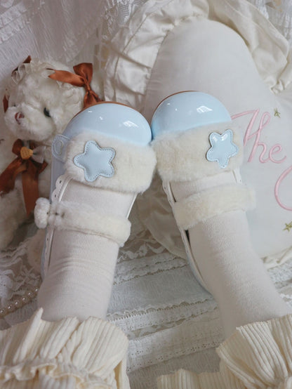 Polished Toe Detail Button Star Blue Snap Flats PU Lolita with Design Round