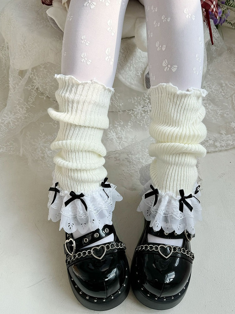 White Bow Lace Trim Lolita Leg Warmers