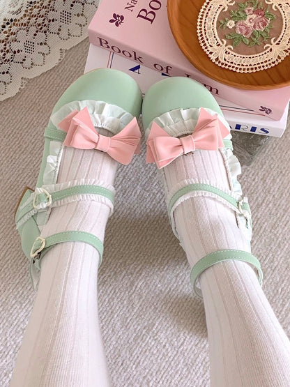 Round-toe Green and Pink Sweet Lolita Mary Janes with 4.5cm Heel & Ruffle Trim