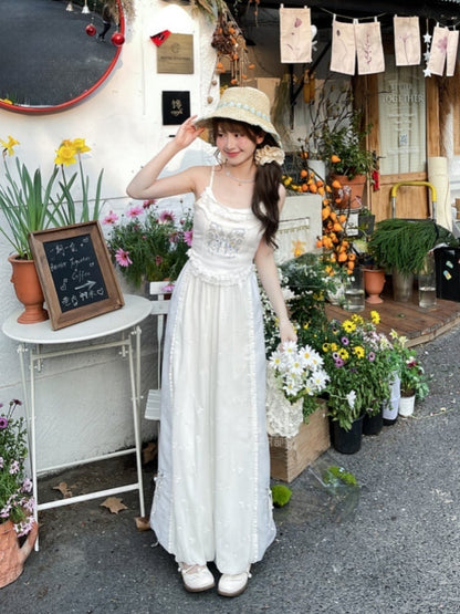 Version Cuffs Holiday Blue and White Colorblock Design Wide-Leg Pants Butterfly Embroidery Regular/Short