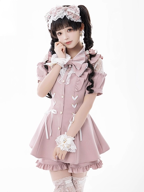 Shorts Shoulder Ruffled Pink: Sweet Kei Jirai Set in Brooch Open Decorative with Top