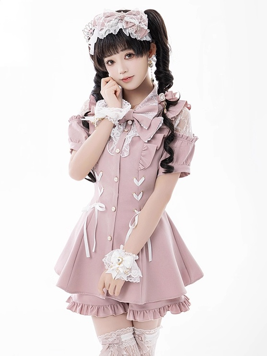 Shorts Shoulder Ruffled Pink: Sweet Kei Jirai Set in Brooch Open Decorative with Top