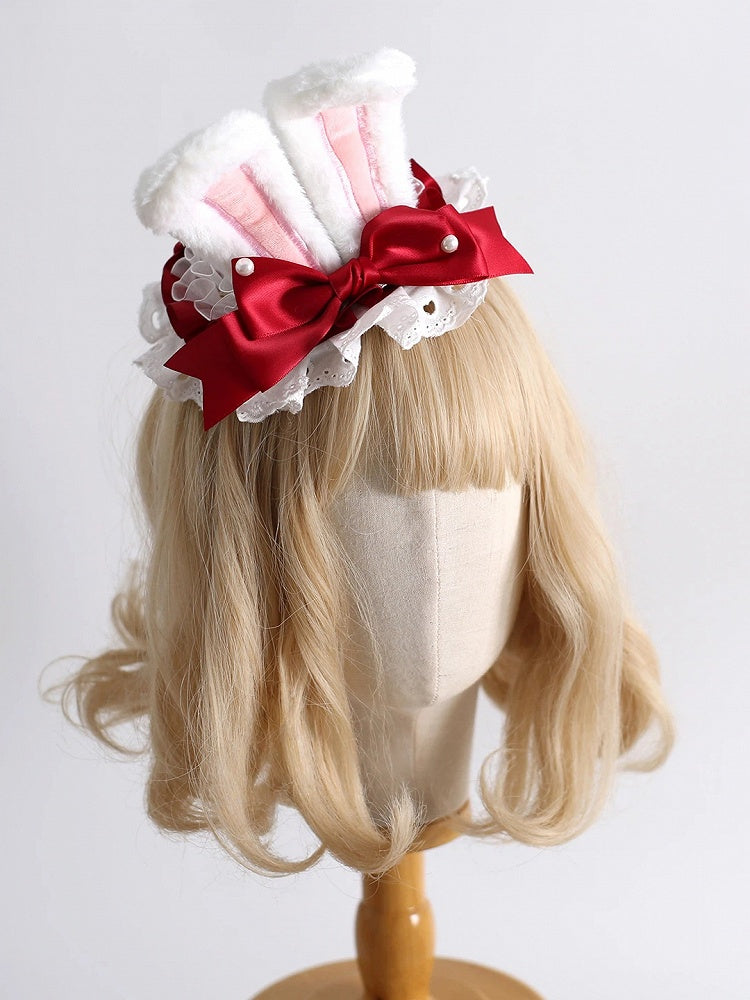 Strawberry Red & White Lolita Mini Hat - Fluffy Bunny Ear & Pearl Bow Design