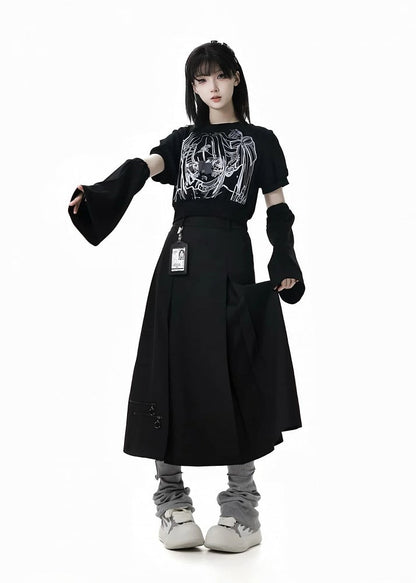 スカート ボックスプリーツ アンクル ブラック ジッパーディテール 長さ