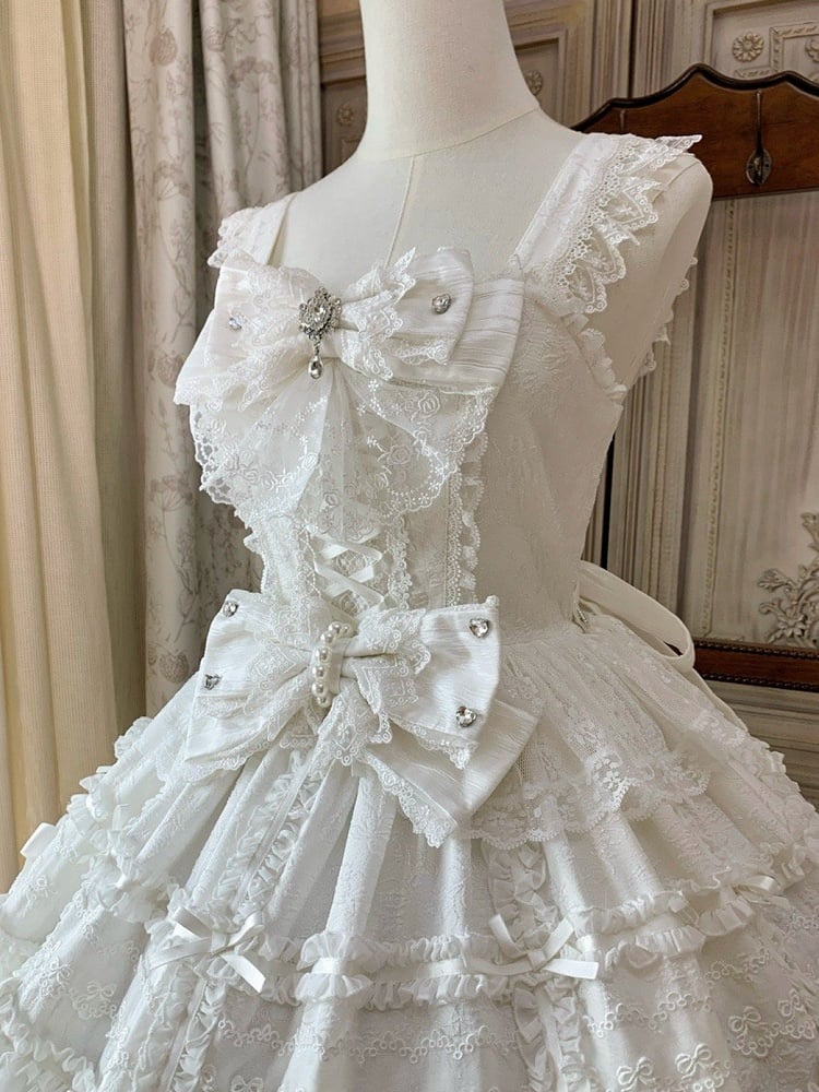 白のレイヤードスカート 白花嫁ドレス スウィート姫 ロリータ ジャンパースカート 取り外し可能なリボン付き