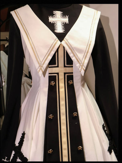 White and Black Cross Details Bell Sleeves Nun Lolita Dress