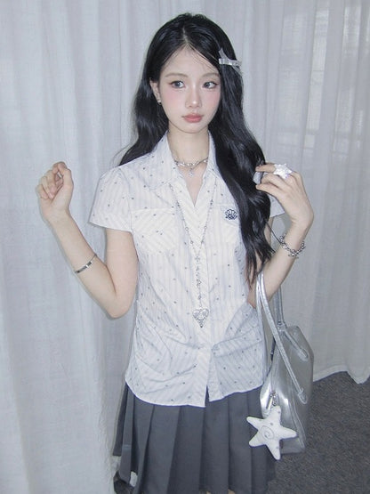 White Short Sleeve Top with Polka Dot and Stripe Pattern - Solkatt