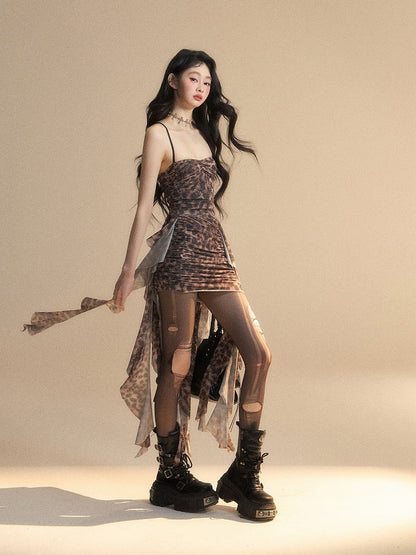 Hem Glamorous Brown Leopard Asymmetrical Ruffled Slip Dress Bodycon