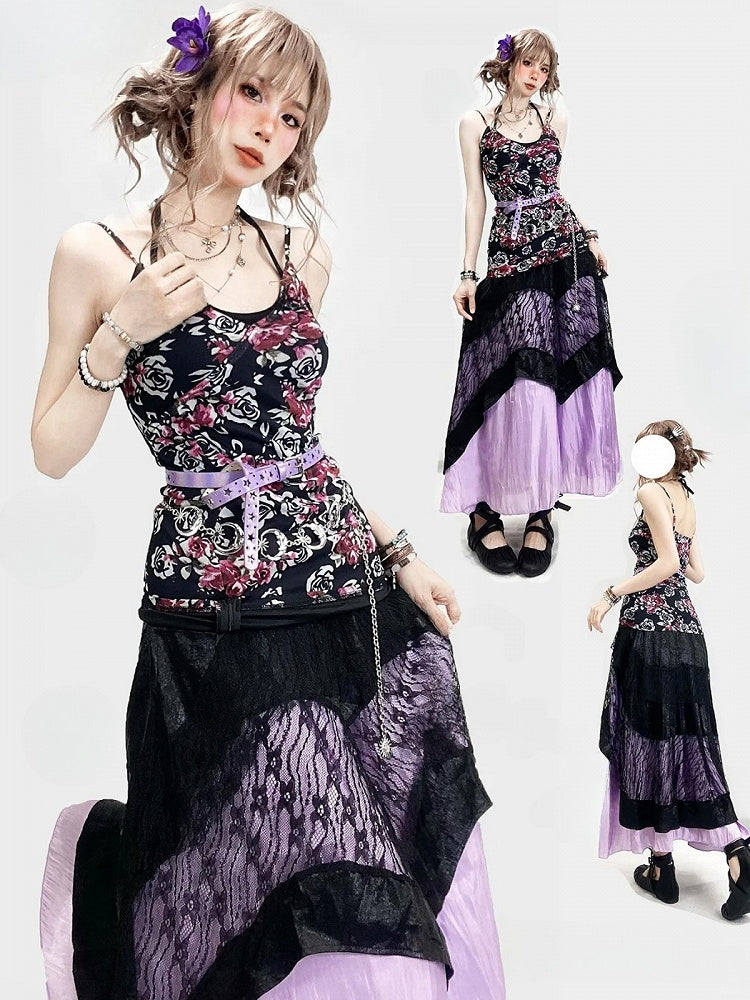 + 花柄トップ、ホルターネック、アンダースカート、キャミスカート、レースセット、ドレス、ホリデーネック、ブラック、パープル、ビタースイート