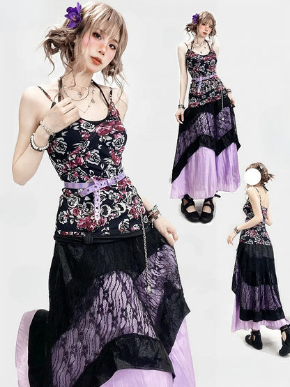 + 花柄トップ、ホルターネック、アンダースカート、キャミスカート、レースセット、ドレス、ホリデーネック、ブラック、パープル、ビタースイート