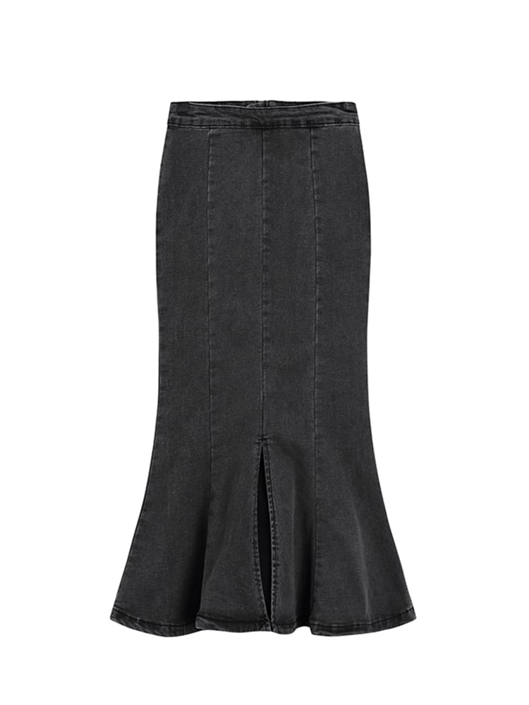 Skirt Back Slit with Zipper Denim Mermaid Ink Black Front