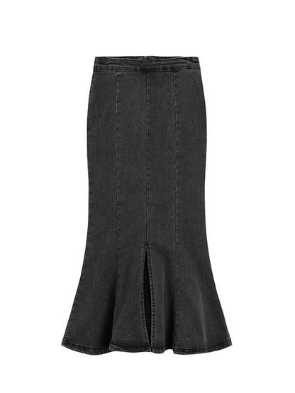Skirt Back Slit with Zipper Denim Mermaid Ink Black Front