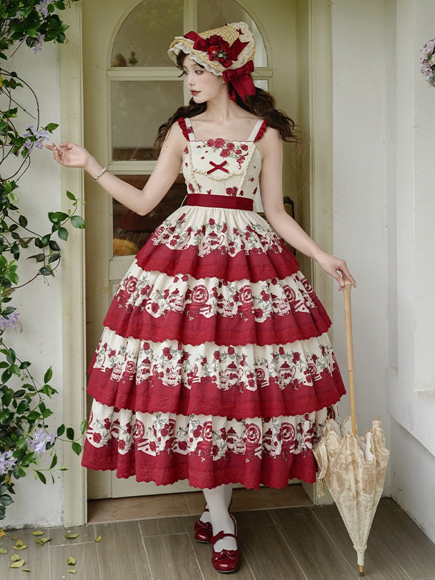 Classic Rose Tiered Floral Lolita Teapot Skirt Print Red and Jumper Dress