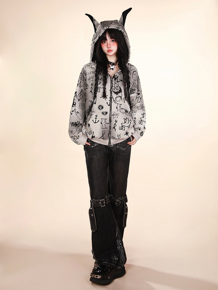 mit verstellbarem Kniegürtel Design Taille Weites Bein Jeans Schwarz Niedrig