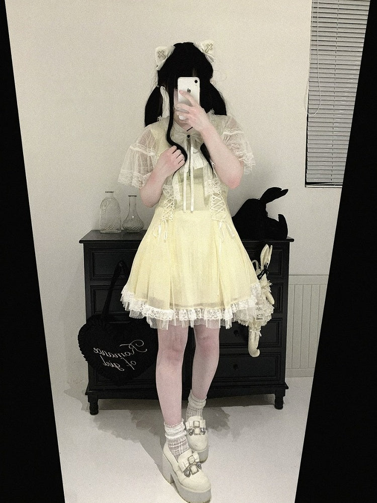Lace Cape Design Dress with Bow, Short Sleeve, 4 Colors, Landmine - Kitty Bxllet
