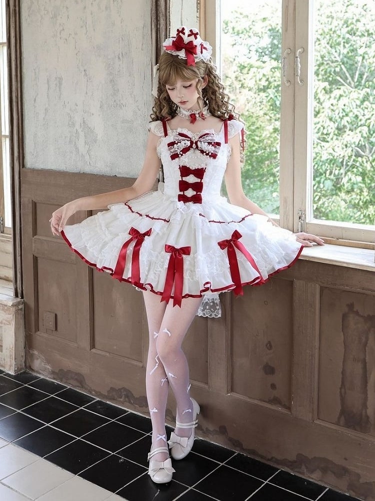Red & White Lace Bow Lolita JSK Dress - Miss Han