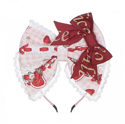 Wine Red Strawberry and Rabbit Print Lace Trim Big Bow KC