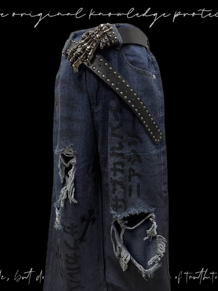 Raw Hem Punk Jeans Blau Distressed Holes