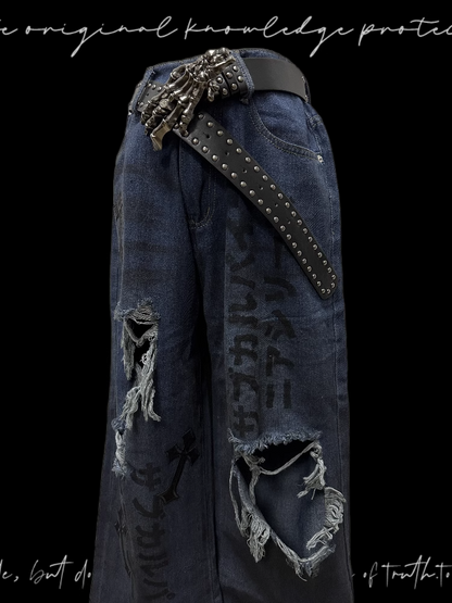 Raw Hem Punk Jeans Blau Distressed Holes
