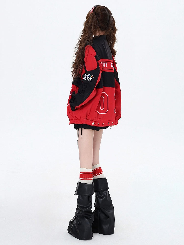 with Jacket Black Embroidery Fleece and Two-Way Baseball Letters Colorblock Detachable Red
