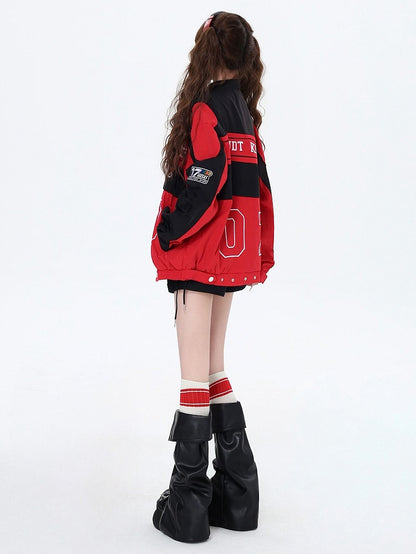 with Jacket Black Embroidery Fleece and Two-Way Baseball Letters Colorblock Detachable Red