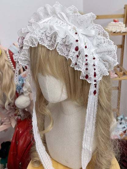 Black/White With Hairband Beads Red Ruffled Lace Rose