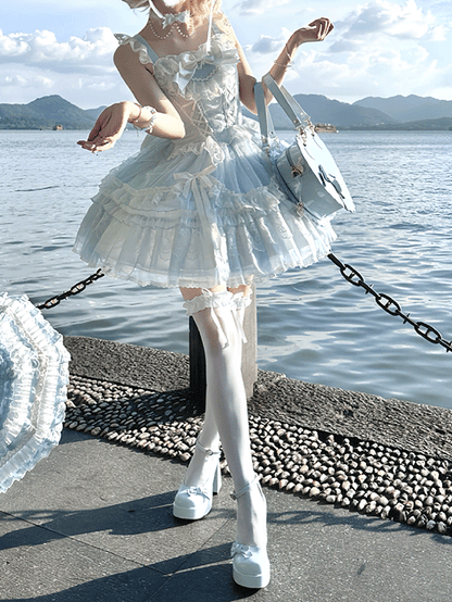 Jumper Detachable Sleeves Skirt Sweet Lolita Dress Flutter with Big Blue Lace-up Bodice High Waist Bow