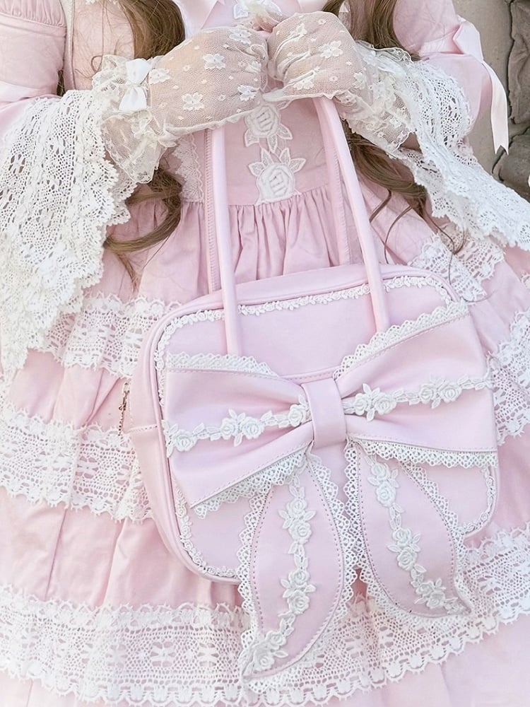 Old Square School Lace und mit PU Lolita Pink Umhängetasche Schleifendetails
