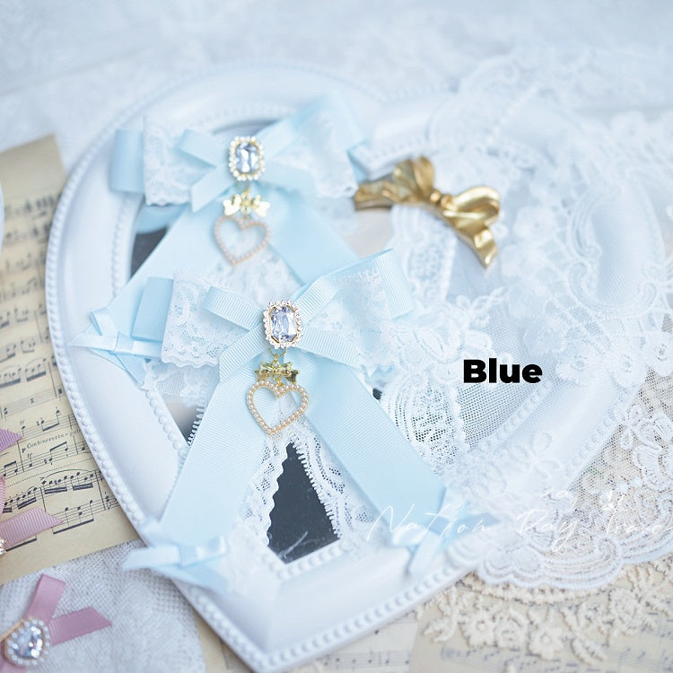 ビーズハートチャーム ジライケイ レースボウ ヘアクリップ ダスティブルー/ダスティピンク/ブルー/ブラック